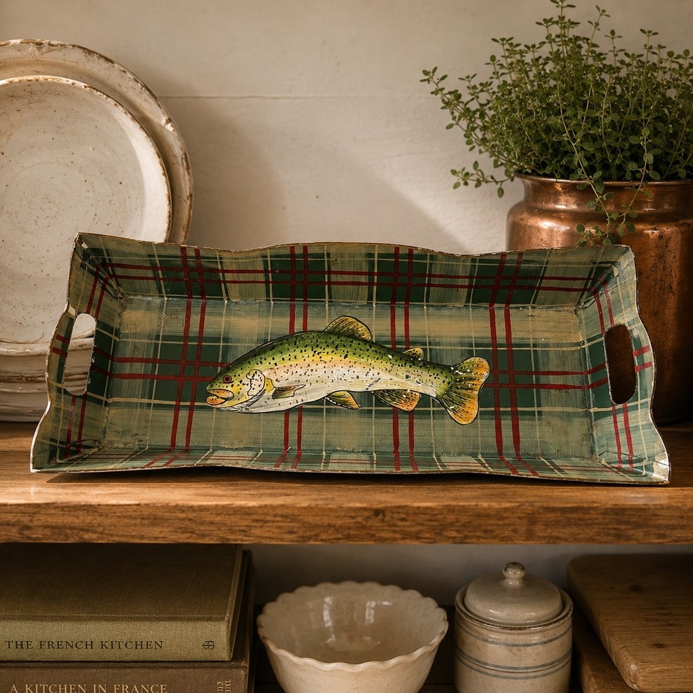Vintage Fish Serving Tray Rustic Fishing Cabin Decor Lake House Tray Plaid